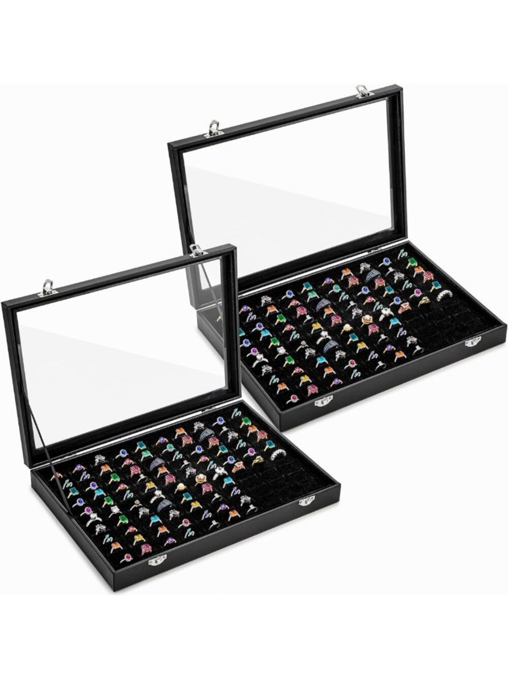 2 Pack 100 Slot Ring Display Case - Velvet Organizer with Glass Lid, Vintage